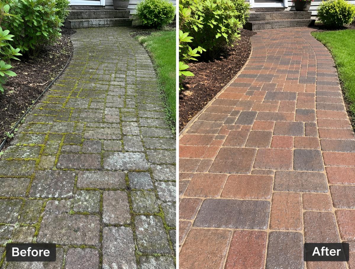 Before and after paver walkway restoration